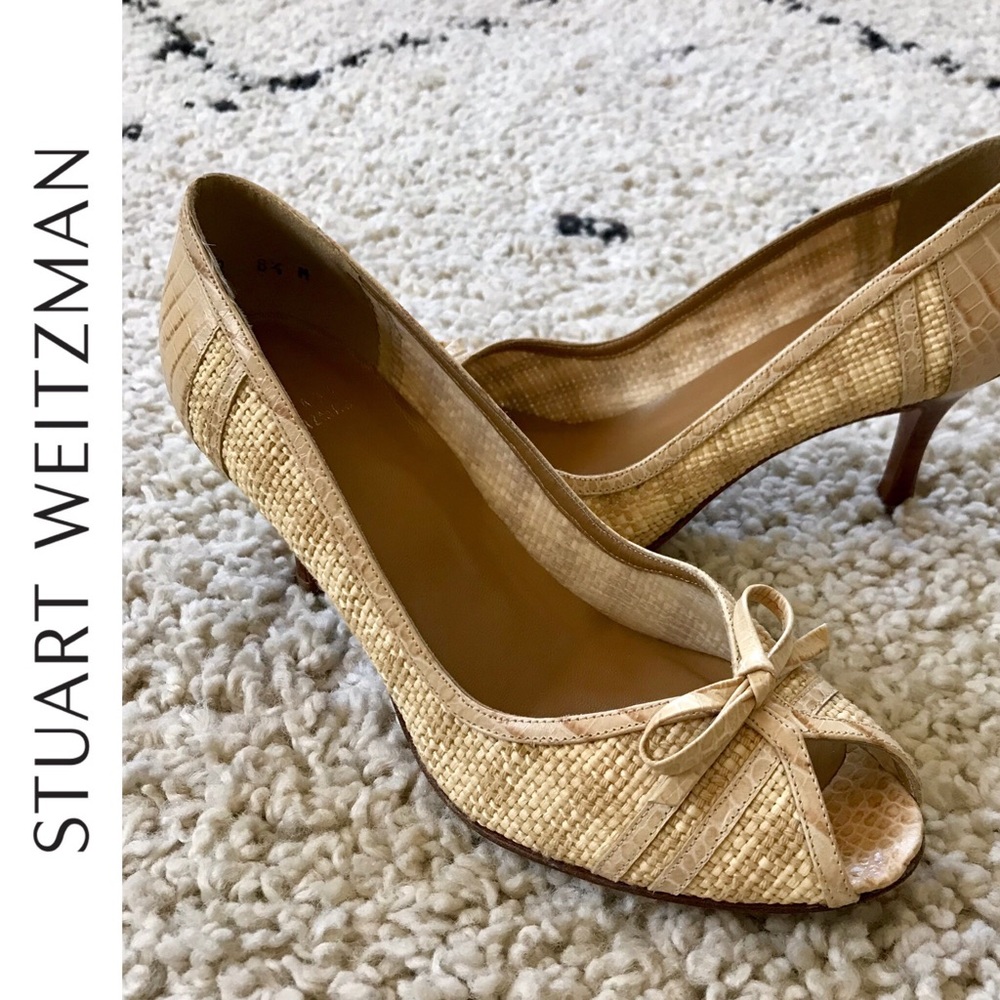Stuart Weitzman Toesie Cream Raffia Peep Toe Heels - image 1